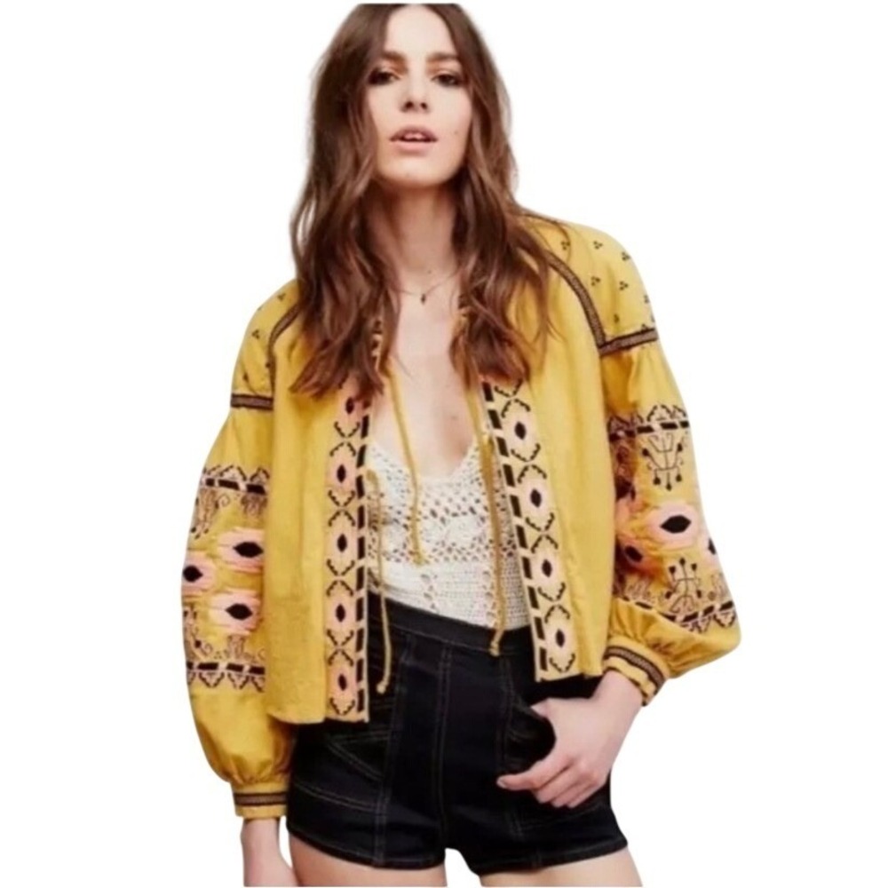 RD+Koko Mustard Yellow Embroidered Cotton‎ Boho Balloon Sleeve Crop Jacket Large